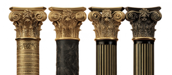 Four intricately designed classical Corinthian column capitals with detailed acanthus leaf carvings