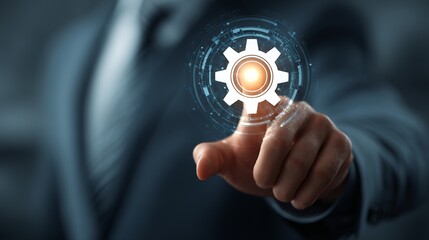 Businessman activating futuristic digital gear interface, symbolizing innovation, progress, and technological advancement for business solutions