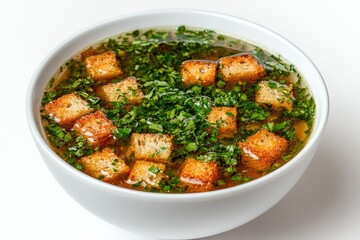 A clear broth soup in a white bowl, garnished with toasted bread cubes and fresh herbs.  The soup appears light and flavorful