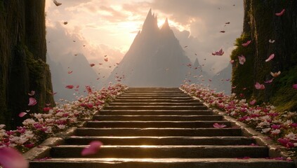 Scenic steps leading to mountains, adorned with flowers and petals