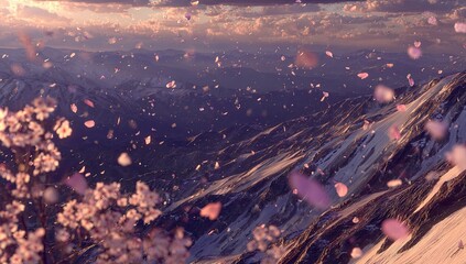 Pink petals fall on snowy peaks