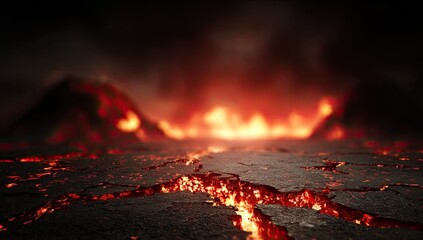 Volcanic landscape of cracked earth. Fiery lava flows