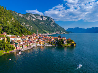 Varenna, Lombardy. Picturesque village in Como Lake, Italy. Aerial panoramic drone view of...