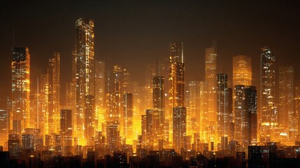 Fototapeta premium Dazzling modern cityscape at night, illuminated by vibrant golden lights creating a futuristic urban panorama of towering skyscrapers.