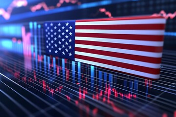 American flag over stock market chart showing economic trends with red and blue color scheme illustration