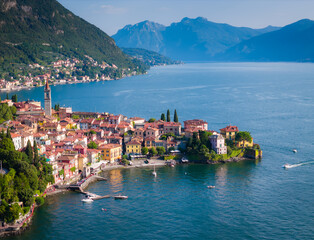 Varenna, Lombardy. Picturesque village in Como Lake, Italy. Aerial panoramic drone view of...