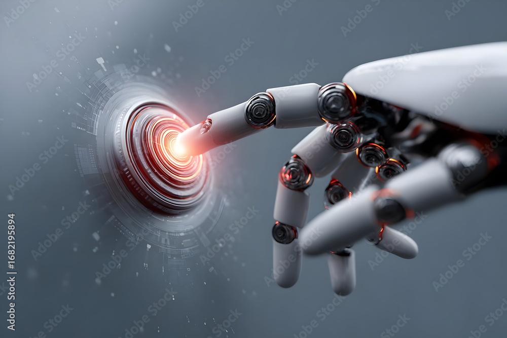 Poster a robotic hand reaching out to touch a glowing button, symbolizing advanced technology and innovatio