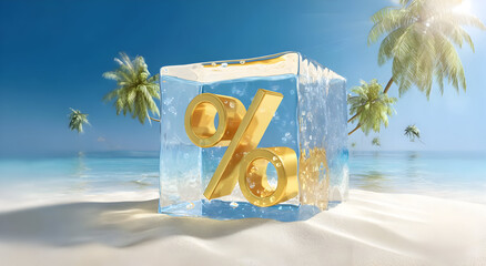 A refreshing and vibrant representation of savings with a golden percentage symbol encased in ice on a tropical beach.