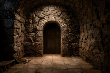Fototapeta premium A mysterious stone archway leading to a wooden door, illuminated by soft light, creating an enchanting atmosphere.