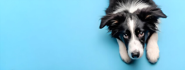 Fototapeta premium A playful dog resting on a vibrant blue background, showcasing its playful demeanor and unique markings.
