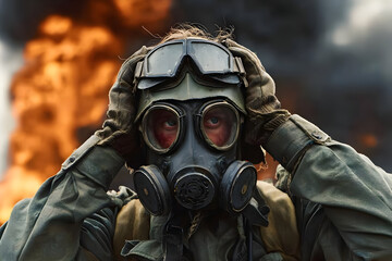 A person in a gas mask stands against a backdrop of fire, portraying the challenges of environmental crises and survival.