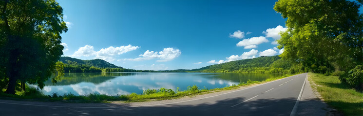 A serene landscape showcasing a peaceful lake, blue sky, and greenery along the road, perfect for nature and travel themes.