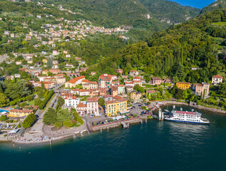Varenna, Lombardy. Picturesque village in Como Lake, Italy. Aerial panoramic drone view of...