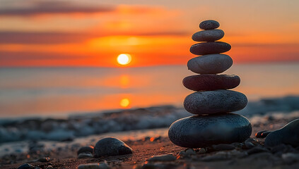 A serene sunset view featuring a stack of smooth stones on a tranquil beach, symbolizing balance and peace.