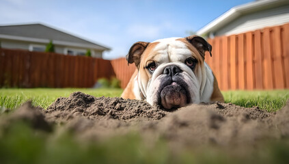 A playful bulldog resting in the garden, enjoying the sunshine and digging in the soft earth.