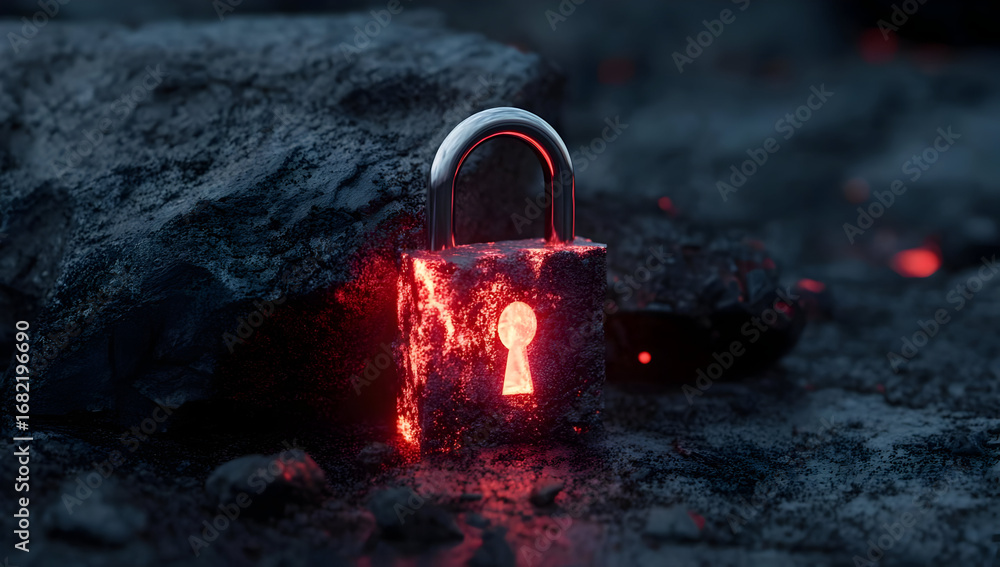 Poster a glowing red padlock rests on a rugged surface, symbolizing security and protection in a digital ag