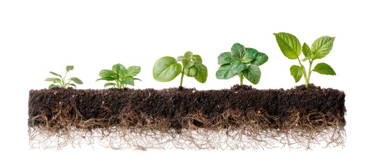 Row of seedlings growing in soil.  Small plants with progressively larger leaves are sprouting from the soil.  Visible roots extend beneath the soil surface