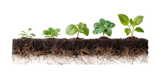 Row of seedlings growing in soil.  Small plants with progressively larger leaves are sprouting from the soil.  Visible roots extend beneath the soil surface