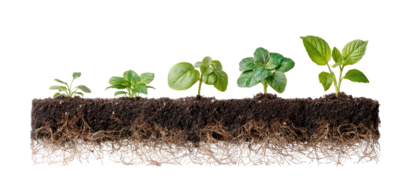 Row of seedlings growing in soil.  Small plants with progressively larger leaves are sprouting from the soil.  Visible roots extend beneath the soil surface