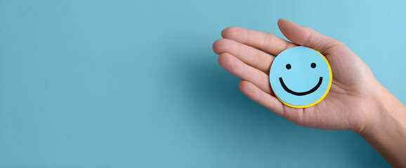 A hand holds a cheerful smiley face cookie on a blue background, symbolizing joy and positivity in daily life.