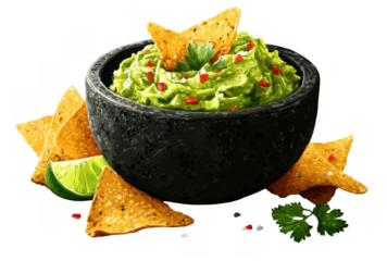 Fresh guacamole served in a black bowl with tortilla chips and lime wedges on the side