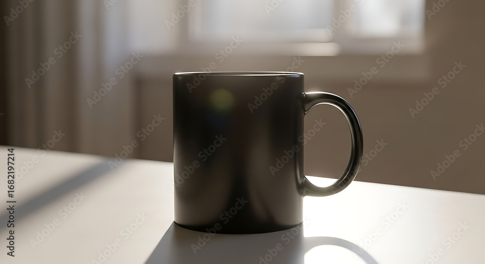 Aufkleber a dark mug sits on a white surface with sunlight streaming through a window in the background creati