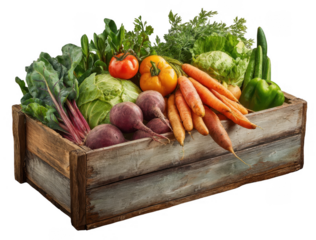 Fresh organic vegetables including carrots, beets, tomatoes, and leafy greens in a rustic wooden crate
