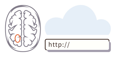 Brain illustration with marked area alongside a cloud and a URL bar signifying online connectivity, AI, cloud storage, data access, neuroscience, internet, and technology. Ideal for teaching