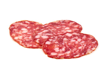 Salami slices, cured meat, isolated on white background