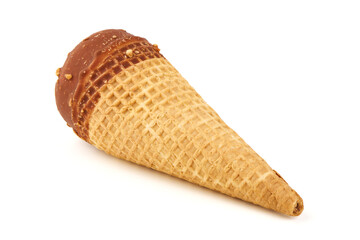 Crisp waffle cone, light tan, tipped with smooth brown chocolate and nuts. Isolated on white. Perfect for summer treat concepts or dessert illustrations
