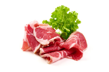 Prosciutto Slices with Lettuce, isolated on white background