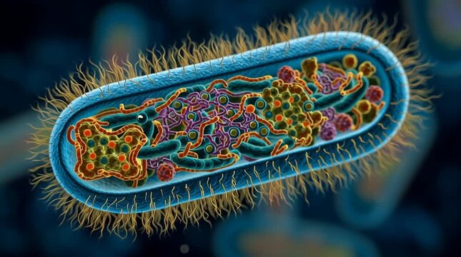 Detailed microscopic view of a bacterium cell with internal structures and external pili shown clearly