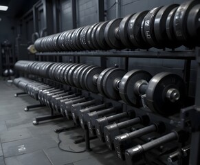 Professional gym setup showcasing rows of dumbbells and weight plates ready for intense workouts