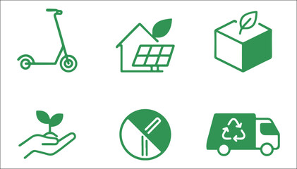 Green Living Icon Set – Eco Transportation, Sustainable Homes, Zero Waste Packaging & Environmental Planning in Minimal Green Vector Style