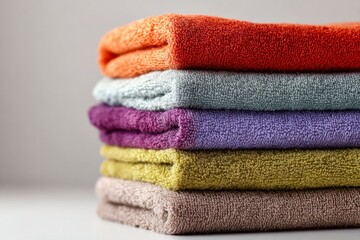 Stack of six folded textured towels in orange gray purple olive and brown colors