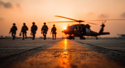 Military personnel walk toward helicopter at sunset