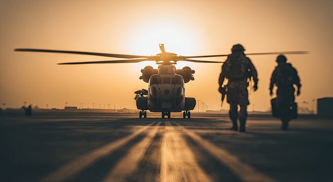 Military helicopter landing at sunset. Two soldiers walk towards it - Powered by Adobe