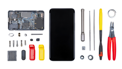 Smartphone disassembled, with repair tools and components.  Various electronic parts, screws, and tools are arranged around an open smartphone, revealing its internal circuitry