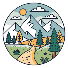 Embark on an adventure with this vibrant mountain landscape featuring a winding path through pine trees under a sunny sky