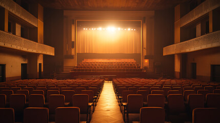 A serene morning at BITEF, where the city prepares for another day of international performances. The photo captures an empty theatre hall bathed in golden dawn light.