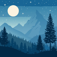 Serene mountain landscape under a vast starry night sky with a glowing full moon illuminating majestic evergreen forests and peaks