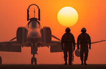 Silhouette of fighter jet and pilots at sunrise