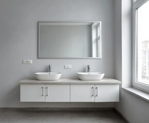 Fototapeta premium A modern bathroom vanity with two sinks, a large mirror, and neutral color tones.