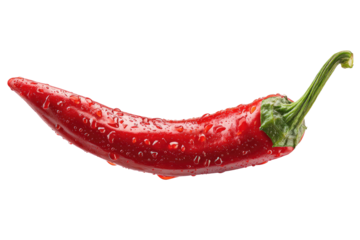 Close-up of a single, vibrant red chili pepper, glistening with water droplets.  The pepper is long and pointed, with a slightly curved shape.  Dark green stem and cap.  Isolated on black background