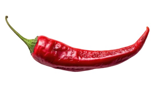 Single red chili pepper, vibrant color, smooth texture, slightly wrinkled skin, pointed tip, dark background