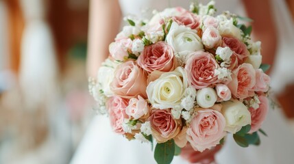 Obraz premium A bridal bouquet featuring pink and white roses with a hint of greenery held against a blurred dress