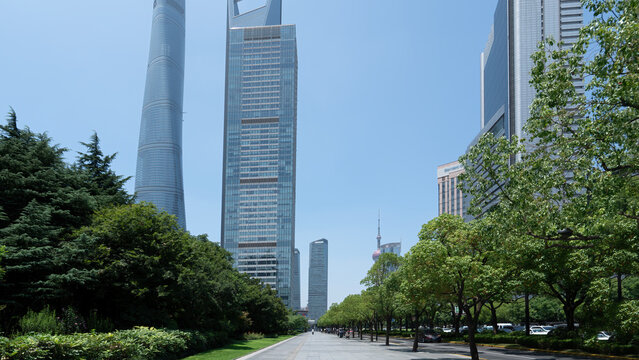 Modern skyscrapers with greenery in an urban area