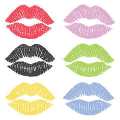Colorful Lip Print Vector Set – Kiss Mark Textures In Red, Pink, Black, Green, Yellow, And Blue