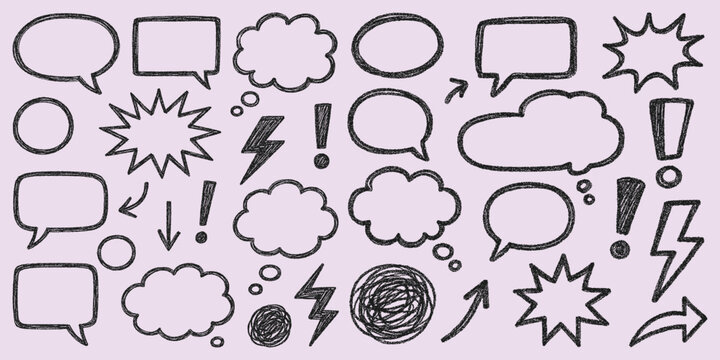 Chalk Doodle Speech Bubble Vector Set. Hand-Drawn Comic Balloons, Arrows, And Symbols Collection