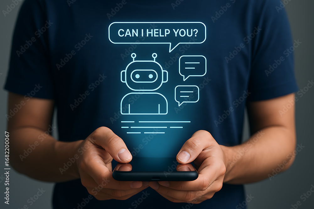 Poster a man holding a smartphone with a chatbot and a speech bubble 